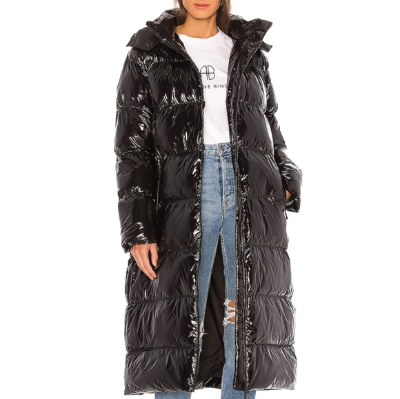shiny black long puffer coat